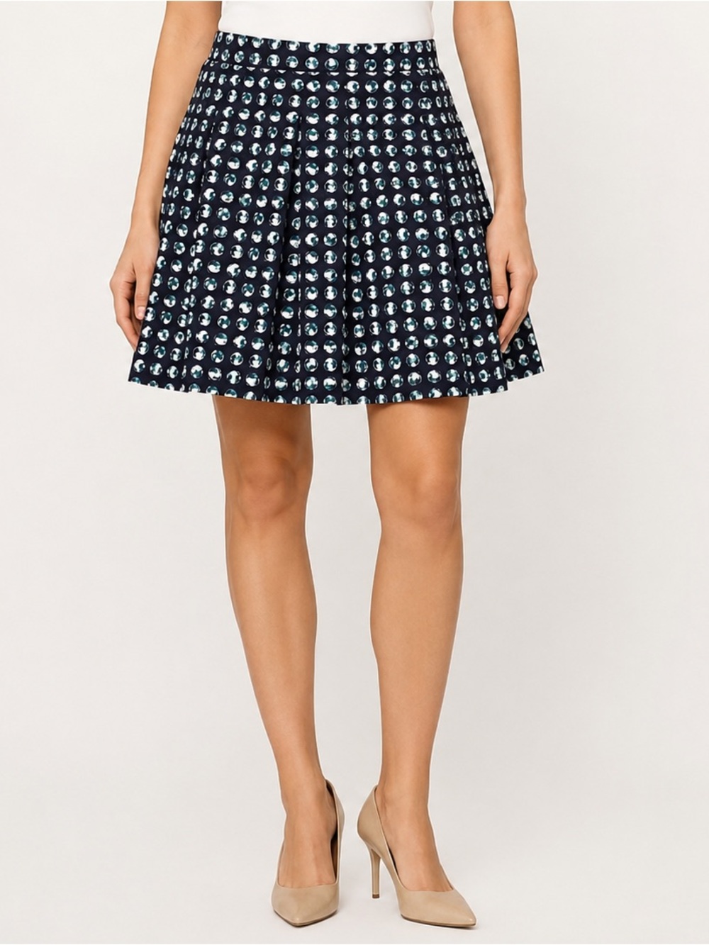 Banana Republic Skater A-Line Skirt Navy Teal‎ Dot Print Lined Pockets Size 8